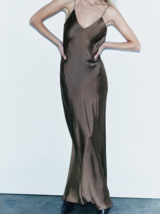 Zara Dresses & Skirts - Zara Satin Maxi Slip Dress Taupe Bronze Olive Green Spaghetti Strap V-Neck Forma